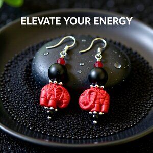 Super Cute! Large & Chunky! Black + Red Elephant Dangle Earrings! Tuskers!!!